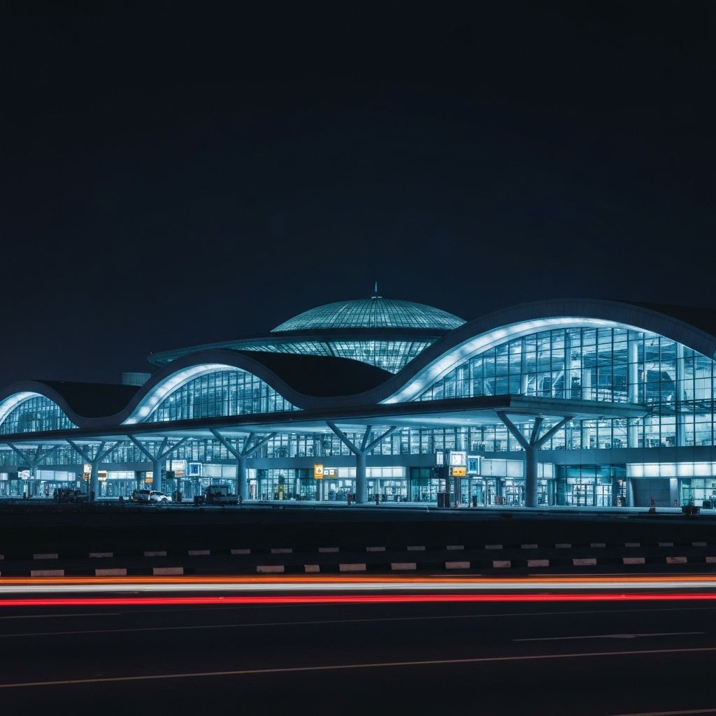 Cairo International Airport terminal exterior at night