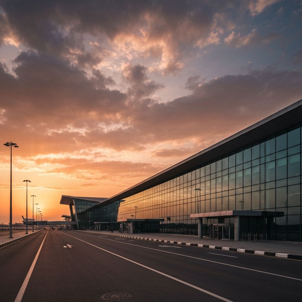 Cairo International Airport terminal exterior at sunset